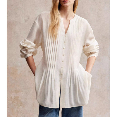 【C*定单】法式通勤风褶皱长袖衬衫女轻奢高级感V领收腰显瘦上衣