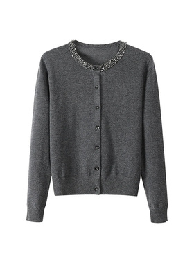 格雷钉珠深灰色羊毛针织衫女秋冬新款2025圆领长袖高级感气质上衣