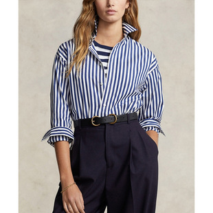 【拉夫定单】经典款宽松版撞色条纹棉衬衫翻领长袖纯棉显瘦衬衣女