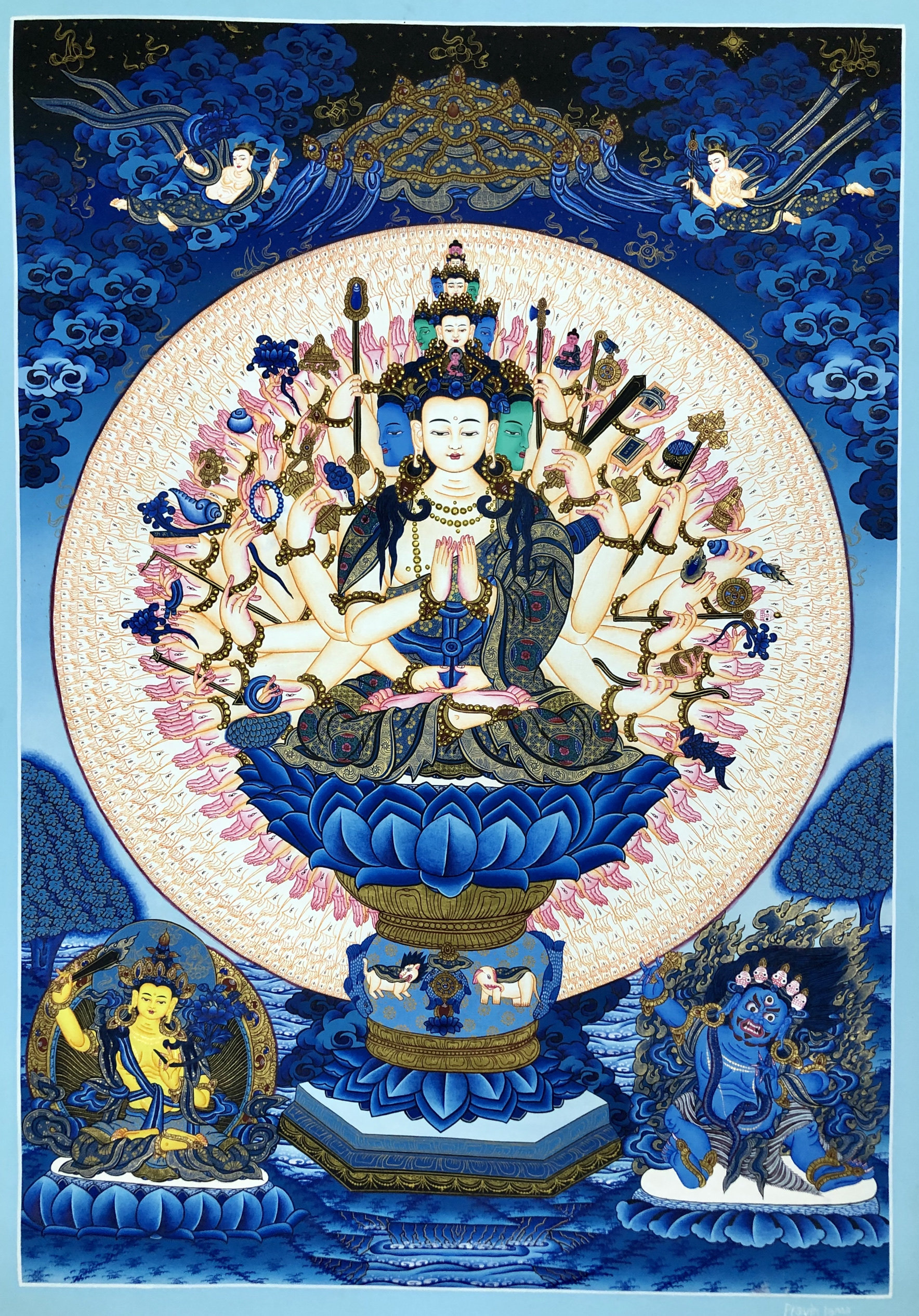 尼泊尔Pravin师傅纯手工蓝唐千手观音藏传画像高品质唐卡西藏挂画
