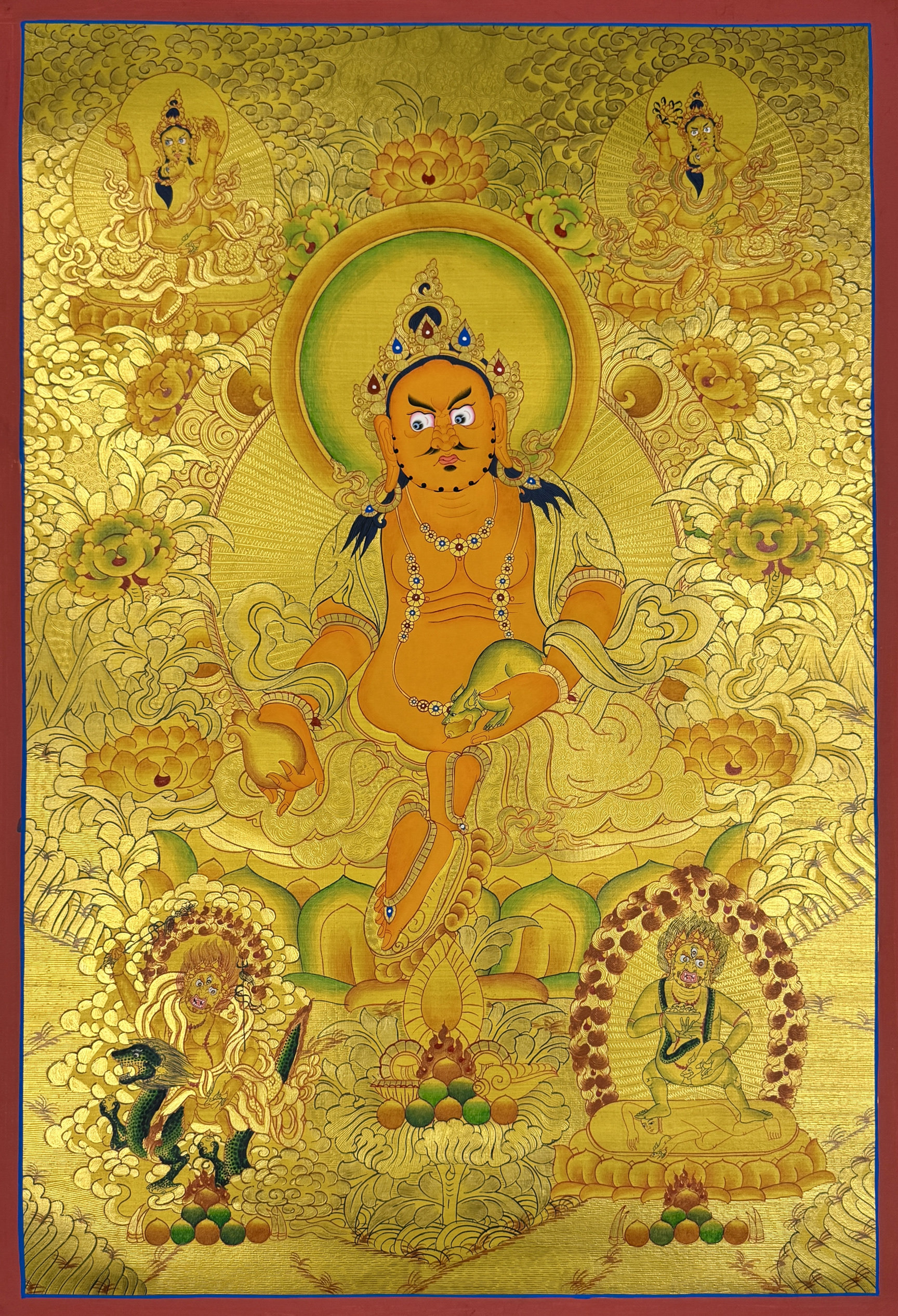 推荐金唐卡手绘尼泊尔西藏佛像黄财神五路财神佛堂客厅装饰挂画布