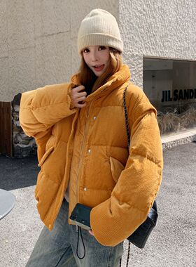 今年流行特惠韩版宽松灯芯绒90羽绒服女短款立领橙色大码加厚保暖
