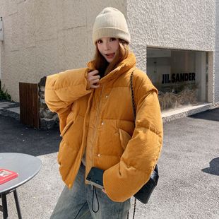 今年流行特惠韩版宽松灯芯绒90羽绒服女短款立领橙色大码加厚保暖