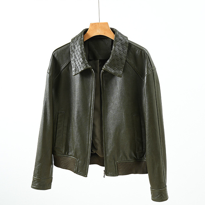 今年流行特惠欧洲站2025秋冬新款领子编织真皮皮衣女短款绵羊皮