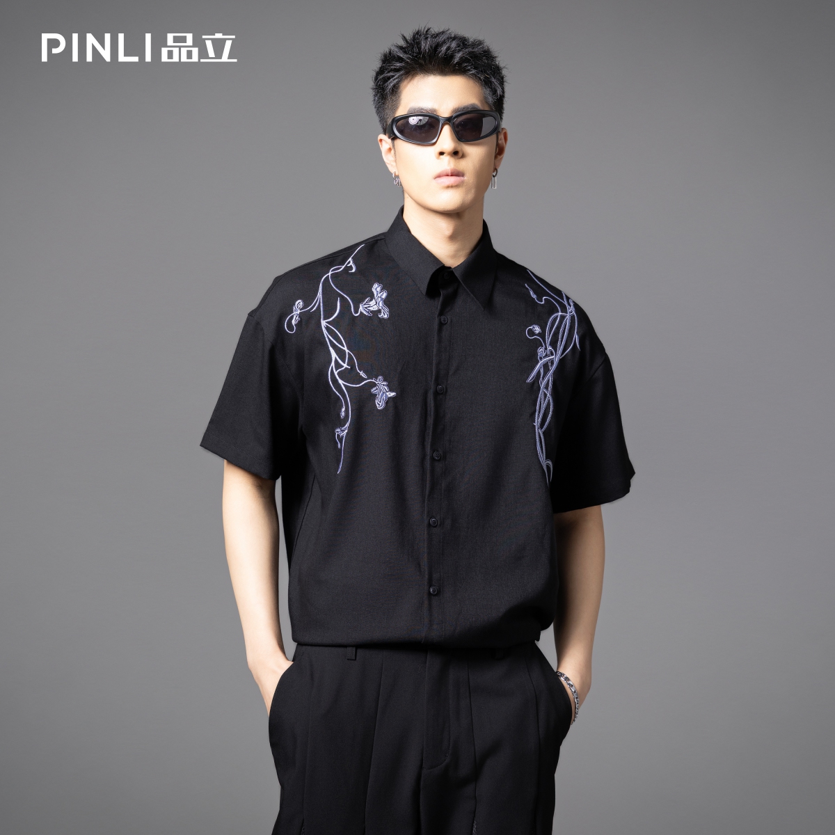 PINLI品立2025夏季新款方领植物花卉刺绣短袖衬衫衬衣男士上衣潮