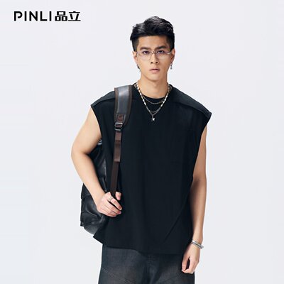 PINLI品立2026夏季新款男宽松圆领无袖短袖T恤上衣潮GD262111012