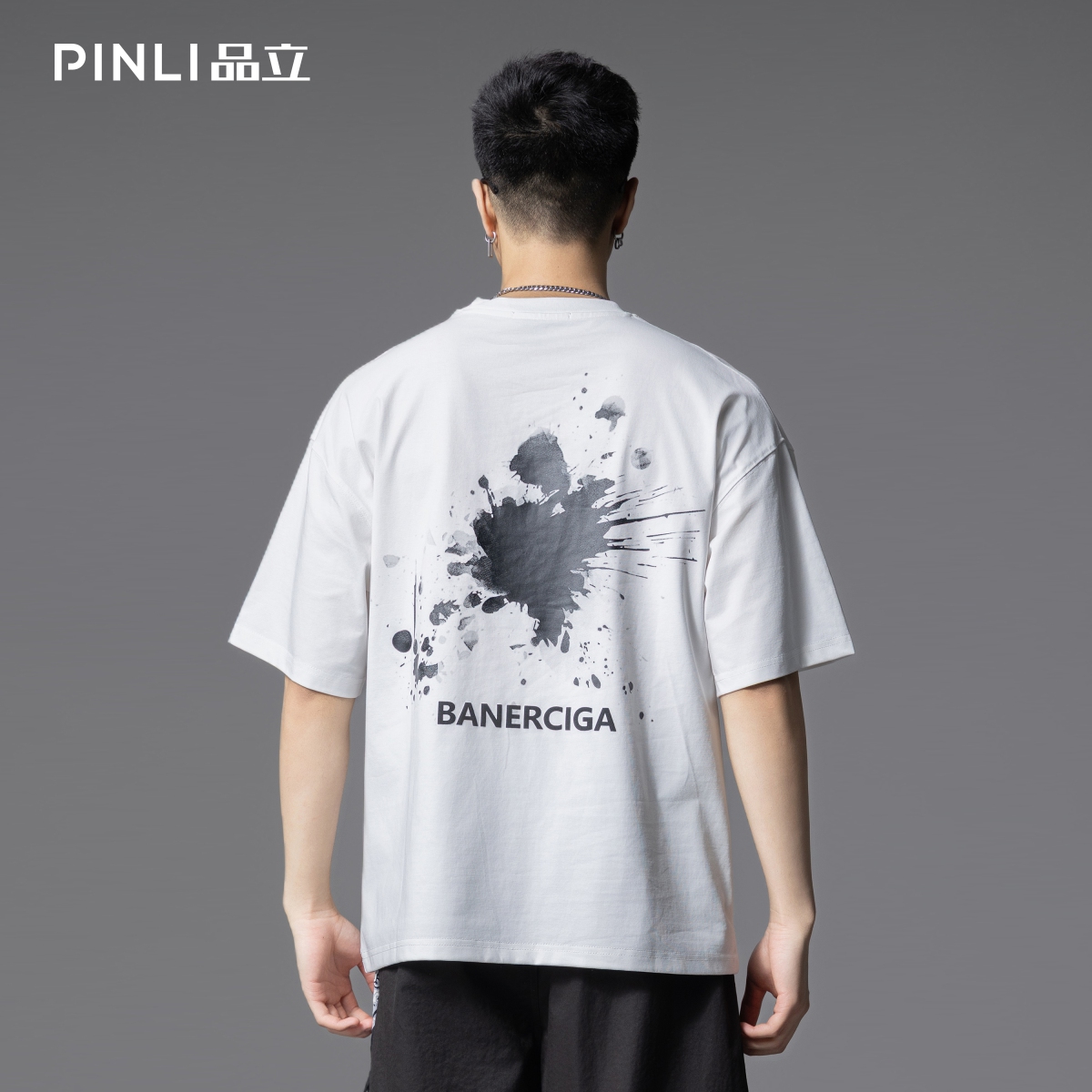 PINLI品立2025夏季新款男士圆领字母彩绘印花短袖T恤GD252111300