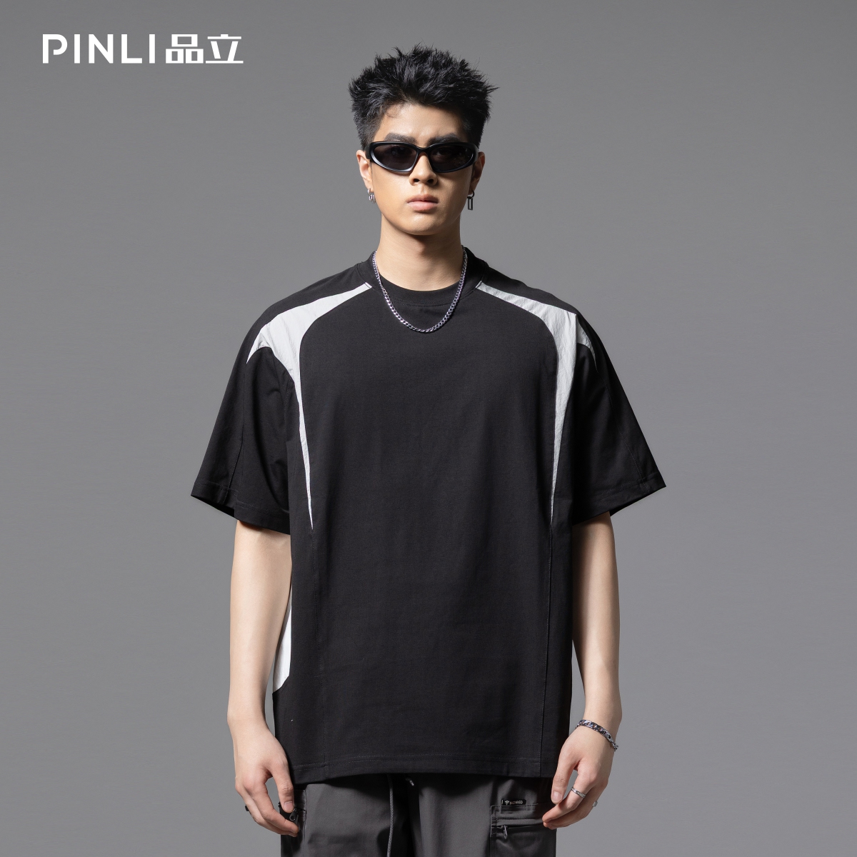PINLI品立2025夏季新款拼接撞色短袖t恤男士美式高街宽松体恤上衣