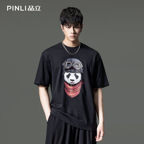PINLI品立夏季新款男士熊猫印花短袖T恤休闲上衣BG231111077