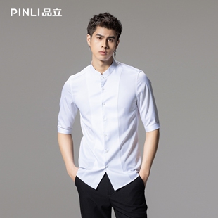 PINLI品立夏季新款男装修身立领五分袖衬衣商务休闲短袖衬衫