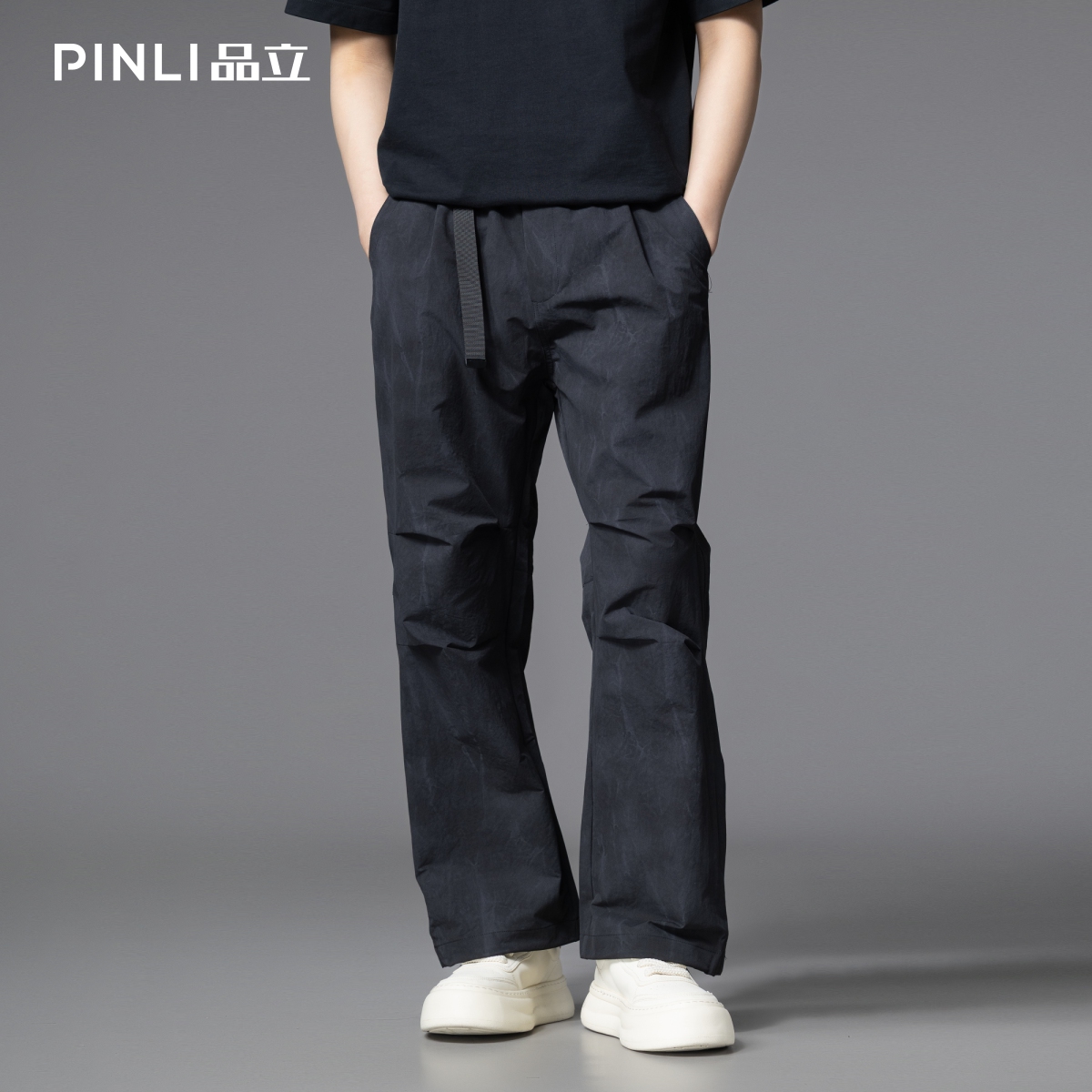 PINLI品立2025夏季新款褶皱直筒伞兵裤男百搭休闲长裤GD252117314
