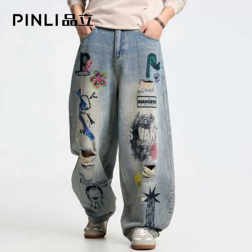 PINLI品立高街涂鸦破洞牛仔裤男复古水洗印花宽松阔腿弯刀裤长裤