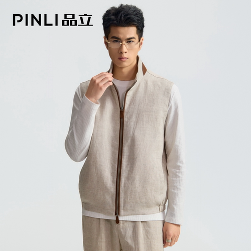 PINLI品立「100%雨露亚麻」老钱风马甲立领拉链坎肩松弛感背心