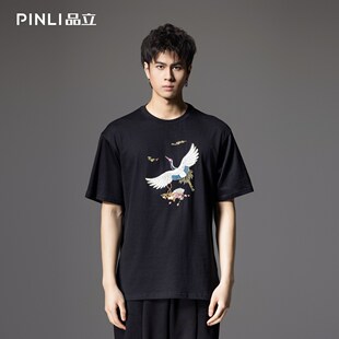 PINLI品立新中式夏季新款男仙鹤祥云烫钻短袖T恤BG242111024