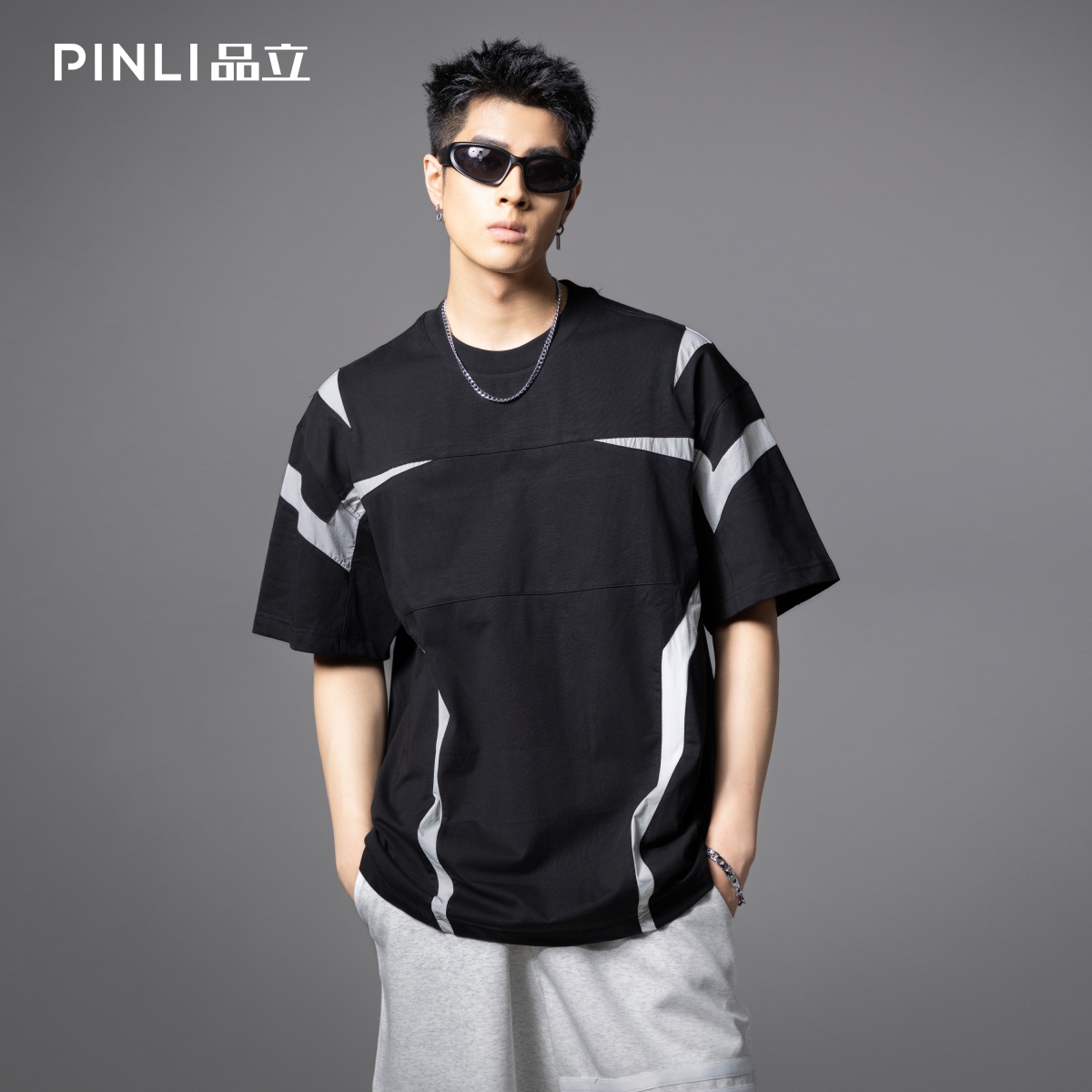 PINLI品立2025夏季新款撞色拼接短袖T恤男士潮牌宽松圆领半袖体恤