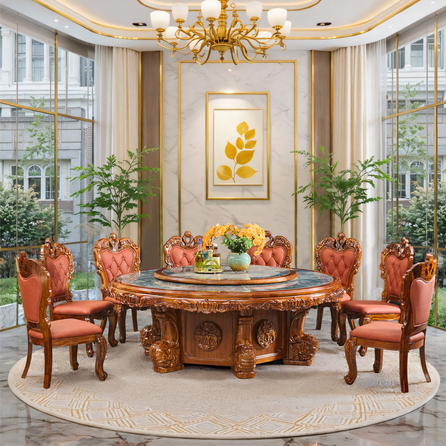 新中式乌金木实木圆形餐桌椅组合欧式大理石带转盘2.2米电动餐桌,住宅家具,实木餐桌,淘宝优惠券,粉丝福利购,淘宝优惠卷