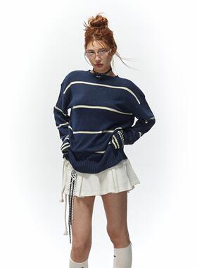 Babefish onze美式复古撞色条纹慵懒百搭套头男友风套头毛衣外套