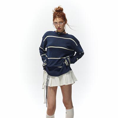 Babefish onze美式复古撞色条纹慵懒百搭套头男友风套头毛衣外套