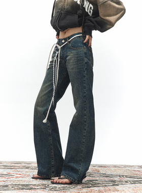 Babefish onze经典美式复古中低腰微辣显瘦水洗牛仔裤