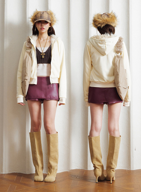 Babefish onze美式复古毛领卫衣短款外套