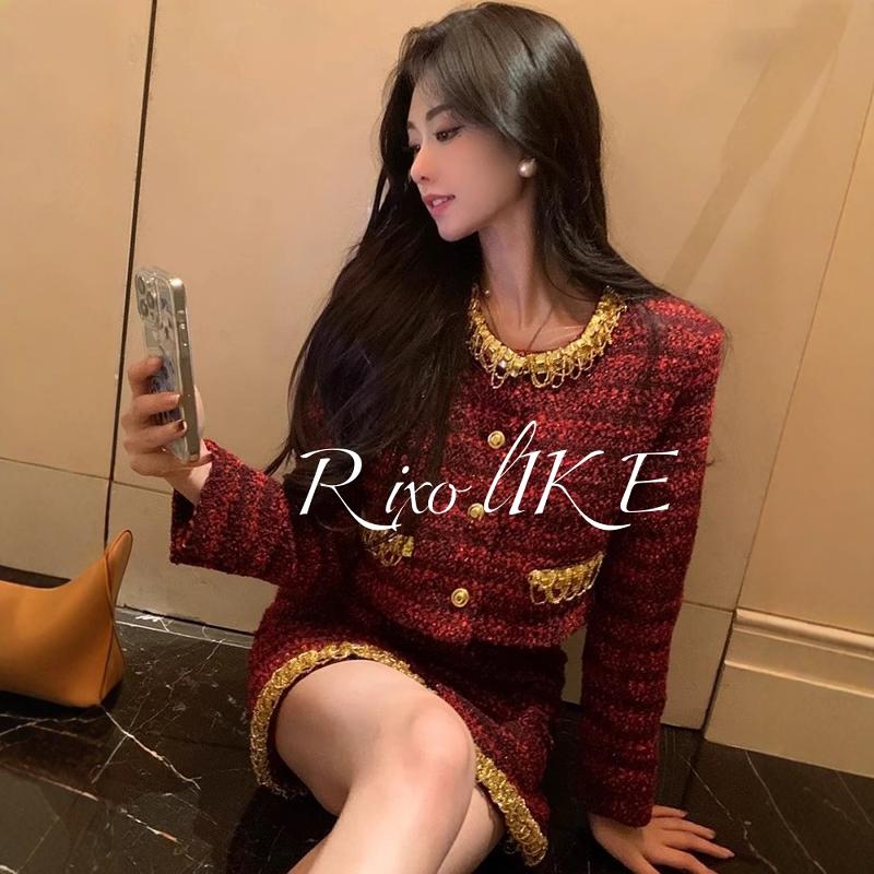 钻Like粗花呢钉短外套Rixo宴会气质法式生日两件套女小礼服短裙
