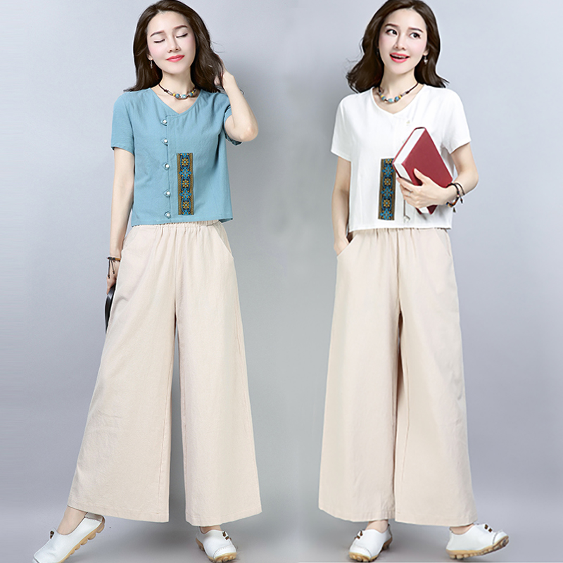 复古棉麻两件套女士夏季民族风宽松阔腿文艺时尚亚麻短袖休闲套装在类目 女装/女士精品, 套装/学生校服/工作制服, 时尚套装中 - 来自Buy2taobao.com提供专业的淘宝代购服务