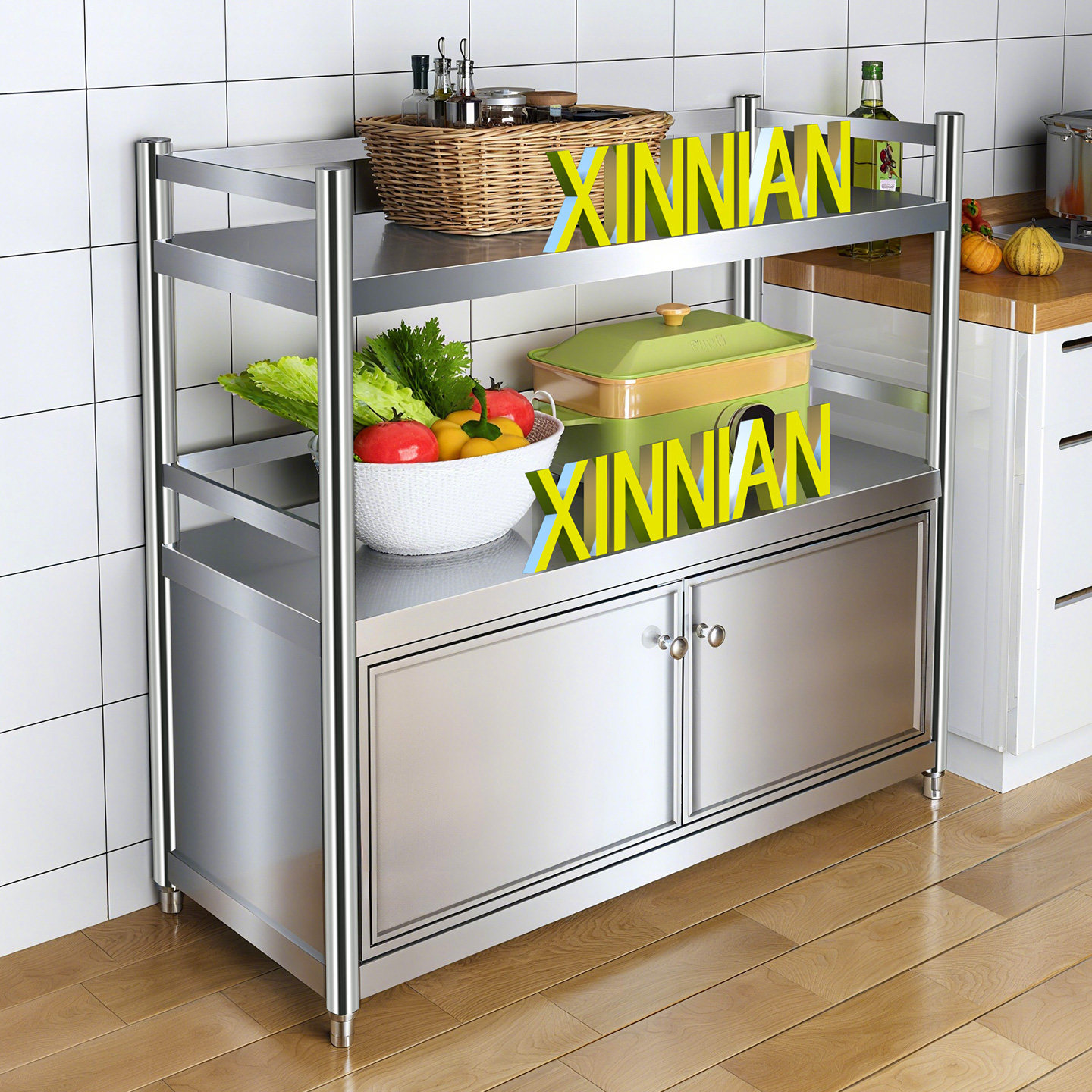 不锈钢橱柜厨房置物架落地全封闭家用多功能碗柜子阳台收纳货架子