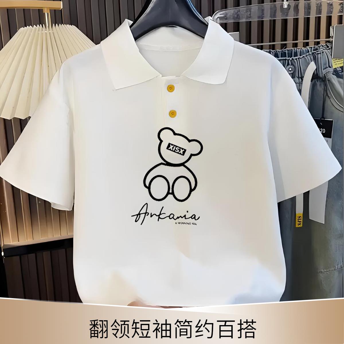 新款polo衫女款宽松女童纯棉翻领短袖t恤夏季小熊字母印花上衣潮