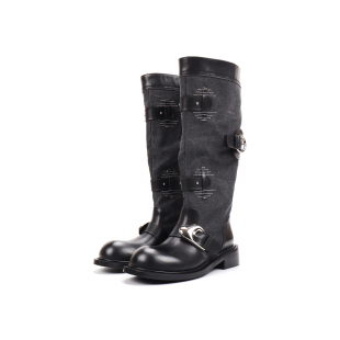 Asthershop原创 牛仔布骑士靴子 黑色圆头粗跟中筒靴