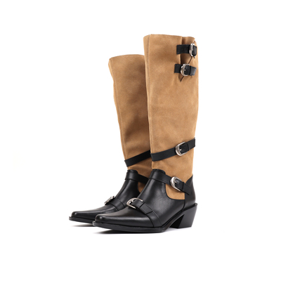 Asthershop原创 复古金属扣西部靴 高跟时装靴拼色工装粗跟骑士靴