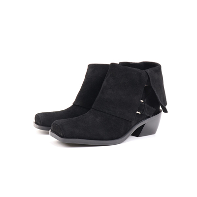 Asthershop原创 方头黑色时尚百搭短靴 粗跟绒面基础短筒时装靴女