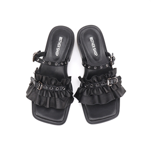 Asthershop原创 方头交叉牛皮夹脚拖鞋 夏季扣带暗黑风粗跟凉鞋