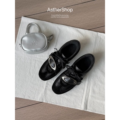 Asthershop原创 金属装饰德训鞋 圆头平底真皮单鞋舒适简约皮鞋女