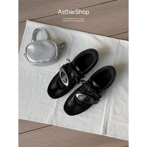 Asthershop原创 金属装饰德训鞋 圆头平底真皮单鞋舒适简约皮鞋女