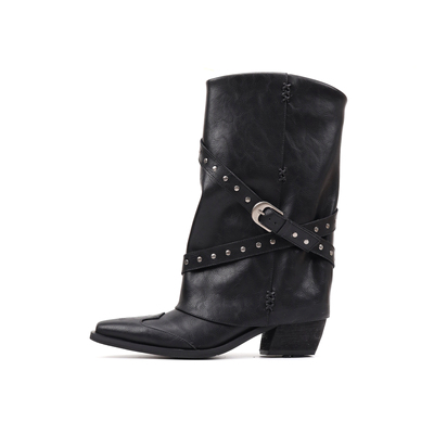 Asthershop原创 黑色尖头复古短靴 铆钉皮带扣中筒拼接时装靴