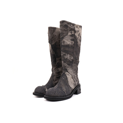 Asthershop原创 特殊布料亮片时装靴子 黑色圆头粗跟秋冬高筒靴