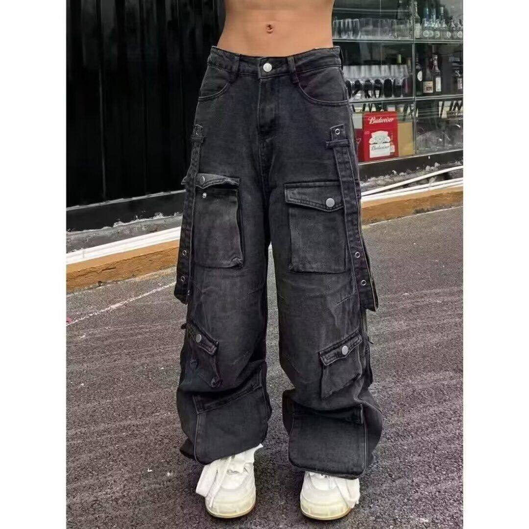 多口袋复古阔腿牛仔裤男女同款宽松街头hiphop嘻哈直筒裤子潮