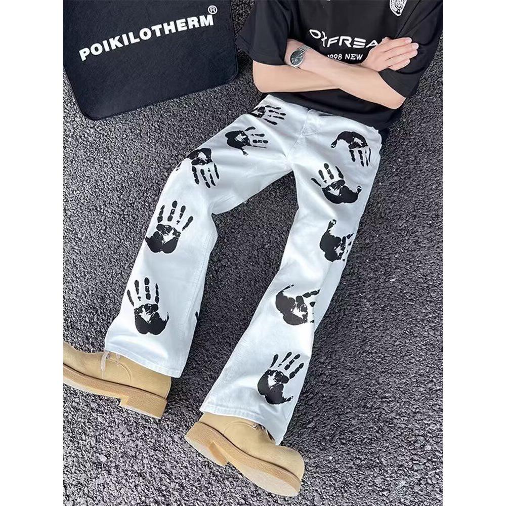 美式高街手掌印花白色男女hiphop潮牌微喇直筒牛仔长裤潮设计感