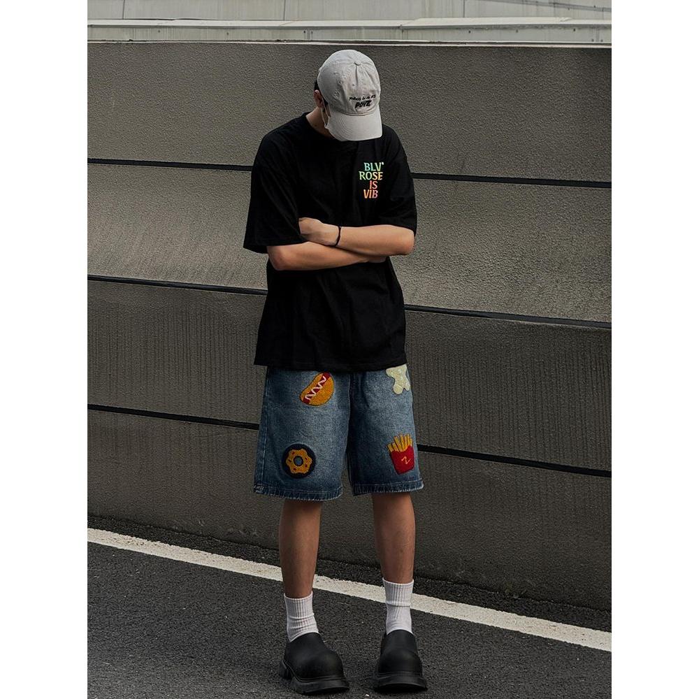 复古美式汉堡薯条毛巾绣牛仔短裤男生夏季宽松阔腿水洗直筒五分裤