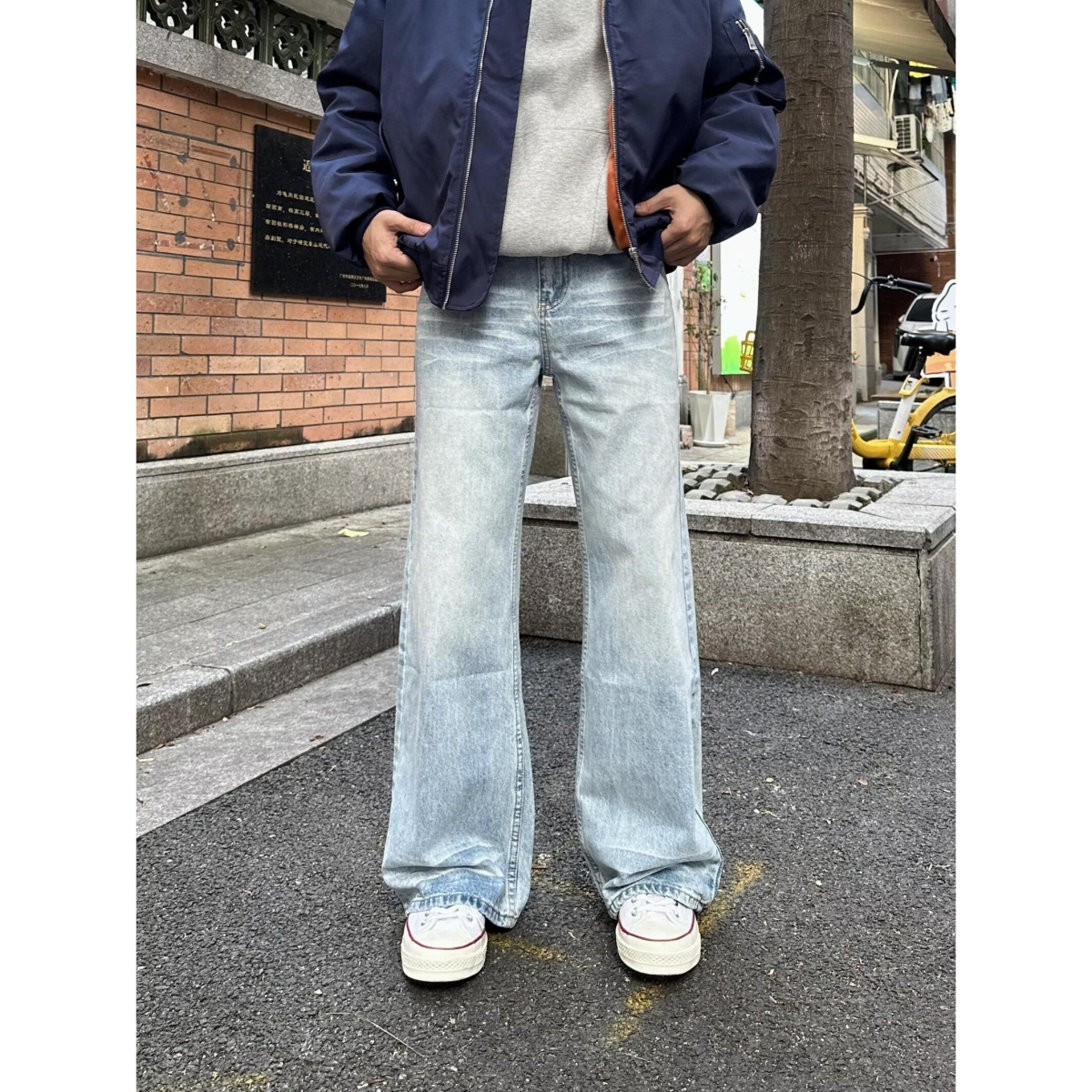 美式复古cleanfit水洗直筒阔腿浅蓝色牛仔裤男做旧宽松百搭长裤