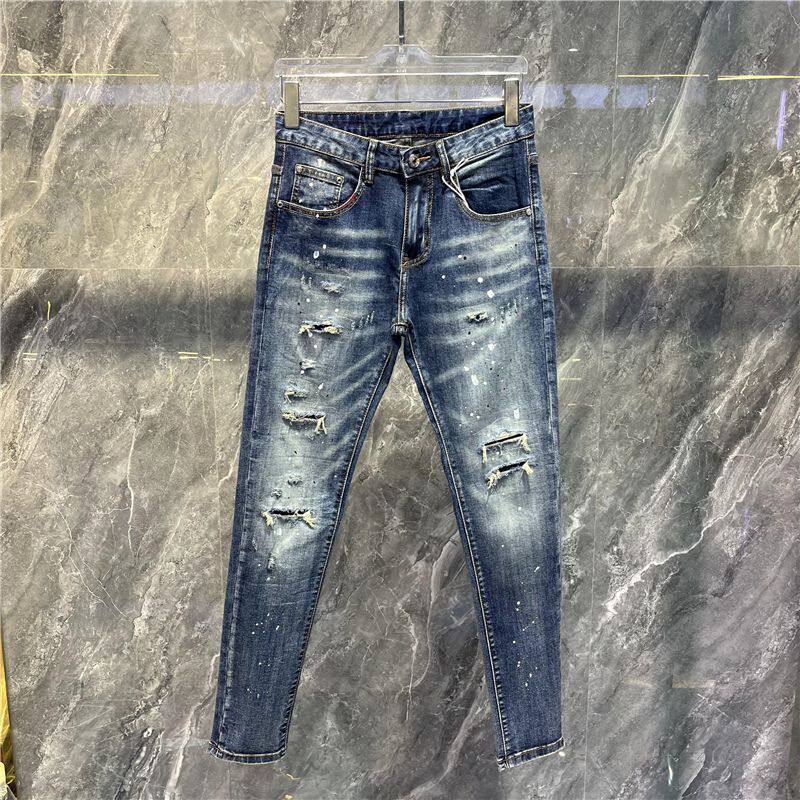 潮流经典男装牛仔裤欧风水洗磨破补丁时尚小脚裤牛仔长裤