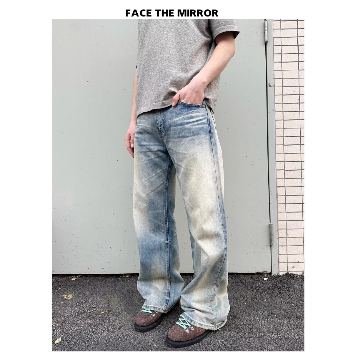 美式复古水洗蓝色牛仔裤男春秋宽松直筒设计感简约阔腿拖地长裤