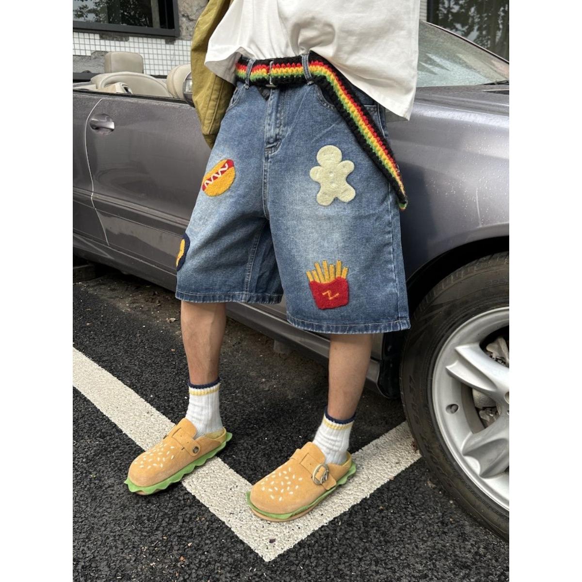 创意薯条热狗毛巾绣牛仔裤男女阔腿百搭宽松高腰五分短裤直筒夏季