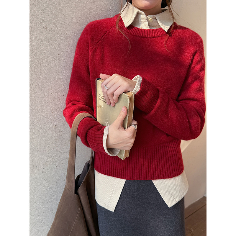 9m 移动的深秋 基础纯色圆领套头毛衣女冬季新款针织衫