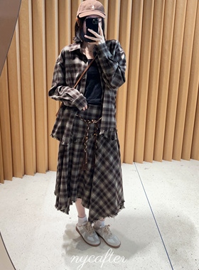 【念念】nycafter 葫芦腰绳配饰不规则毛边格纹半身裙女装ll3278
