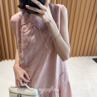 宽松蝴蝶结刺绣无袖 苎麻 nycafter 圆领气质连衣裙jy3217 念念