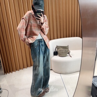 蓝色做旧水洗高腰牛仔裤 nycafter抽绳牛仔裤 设计师1705 念念