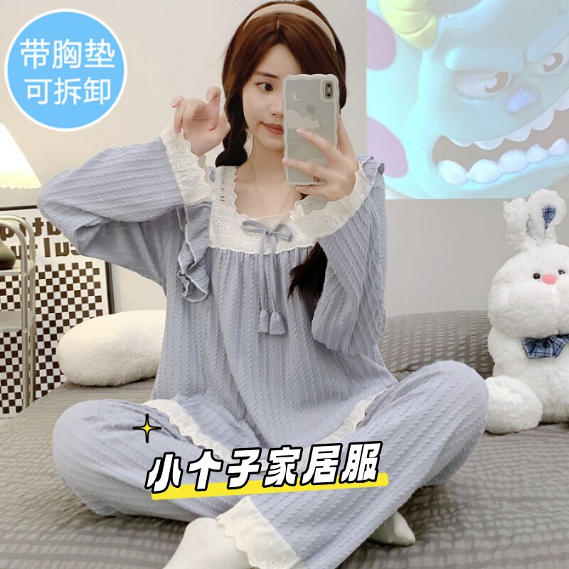 秋冬甜美带胸垫少女睡衣套装