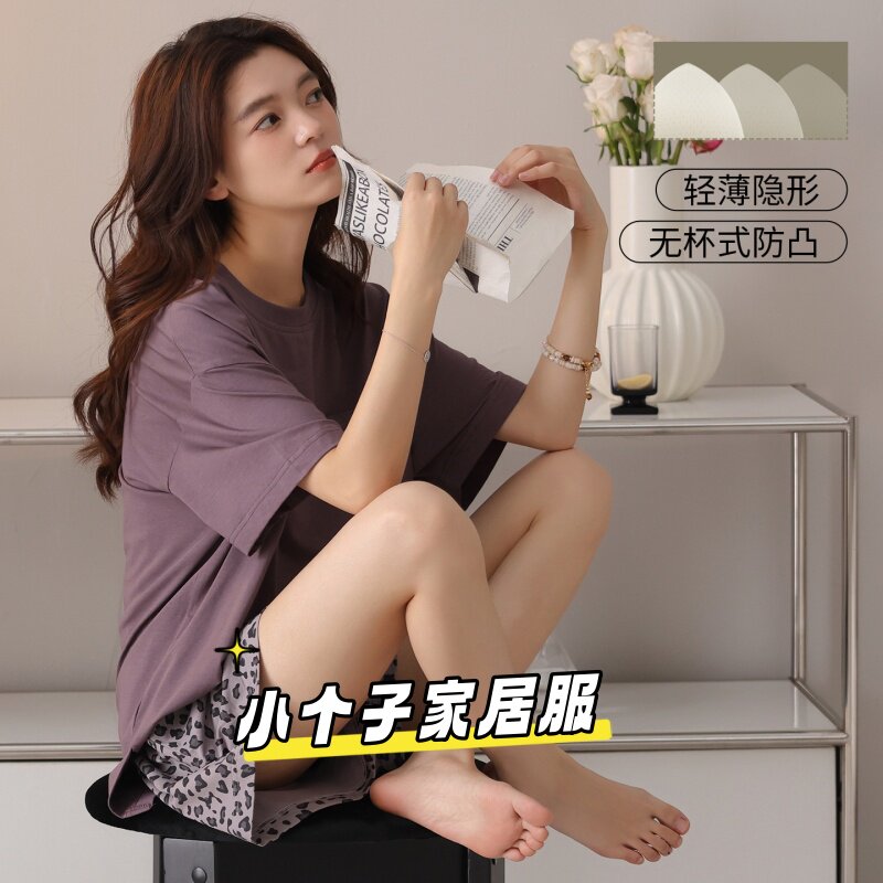 睡衣女夏季小个子纯棉短袖短裤家居服夏天薄款凉感两件套装150cm
