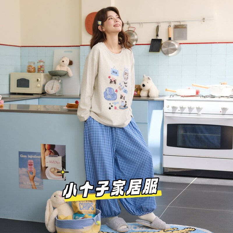 纯棉女秋冬带胸垫睡衣套装图片